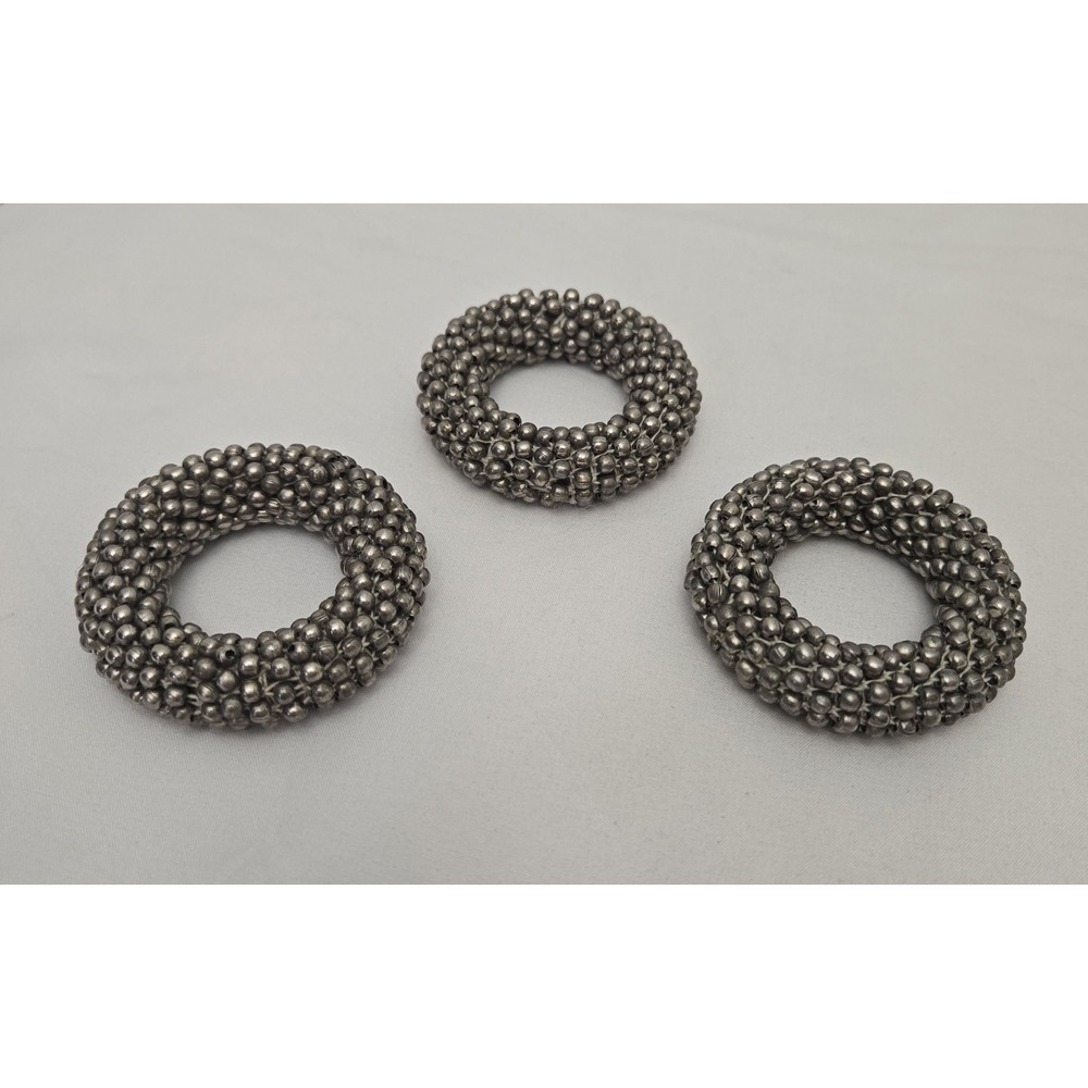 Set of 3 Vtg Silver Beaded Cluster Napkin Rings - Metallic Caviar Ball Texture